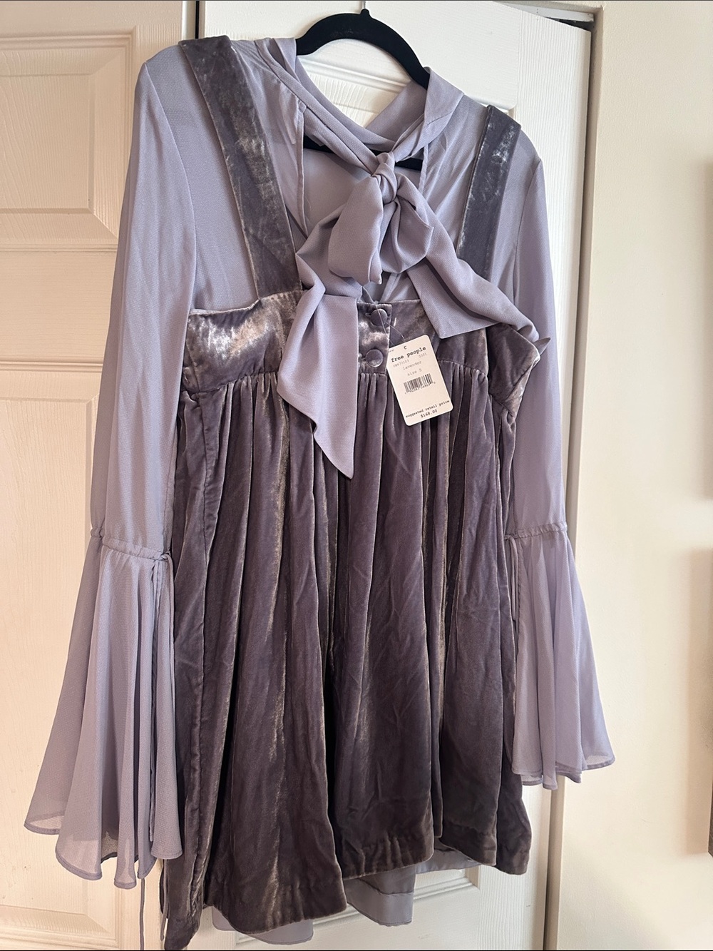 Free People Lilac Velvet Pinafore Dress with Bow Blouse